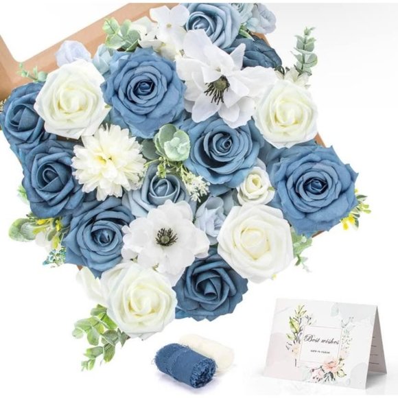 35 Piece | Dusty Blue Roses Shades & Ivory White Bouquet Flowers Wedding Floral - Picture 3 of 3